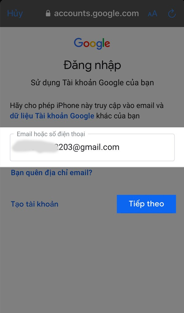 Nhập địa chỉ Google Gmail Của bạn