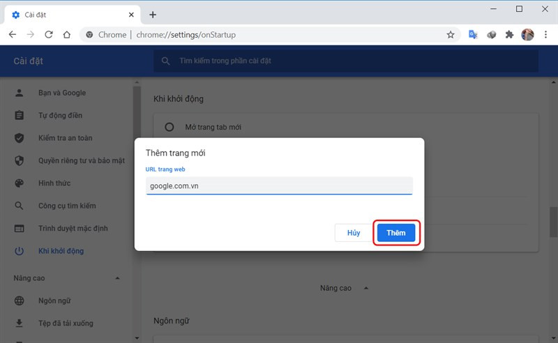 Nhập địa chỉ trang web Google và nhấn nút Thêm để lưu lại.