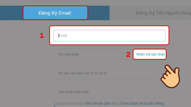 Nhập email và nhận mã xác nhận