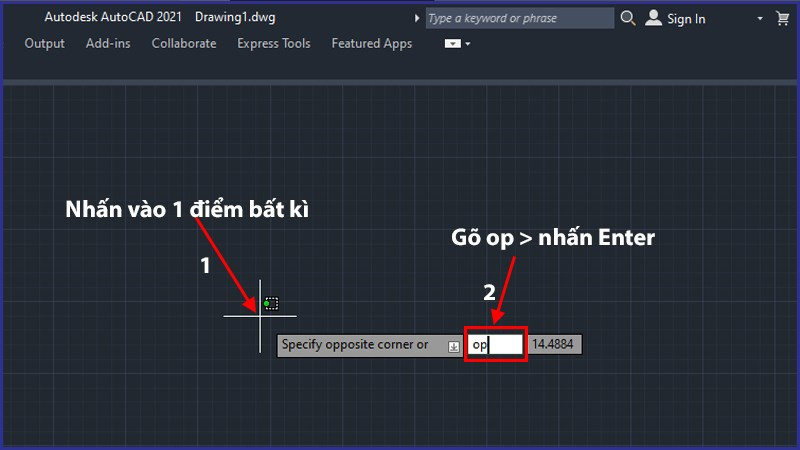 Nhập lệnh "op" trong AutoCAD