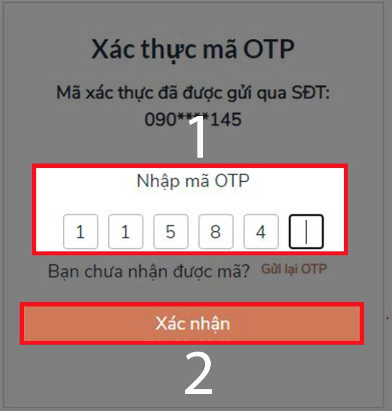 Nhập mã OTP và xác nhận