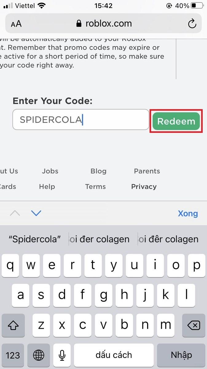 Nhập mã sau đó bấm Redeem