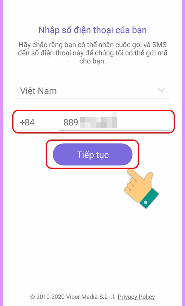 Nhập mã vùng và số điện thoại