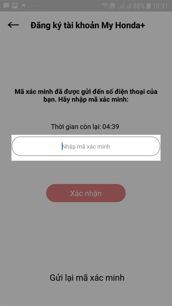 Nhập mã xác minh My Honda+