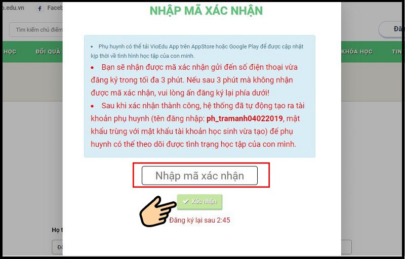 Nhập mã xác nhận VioEdu