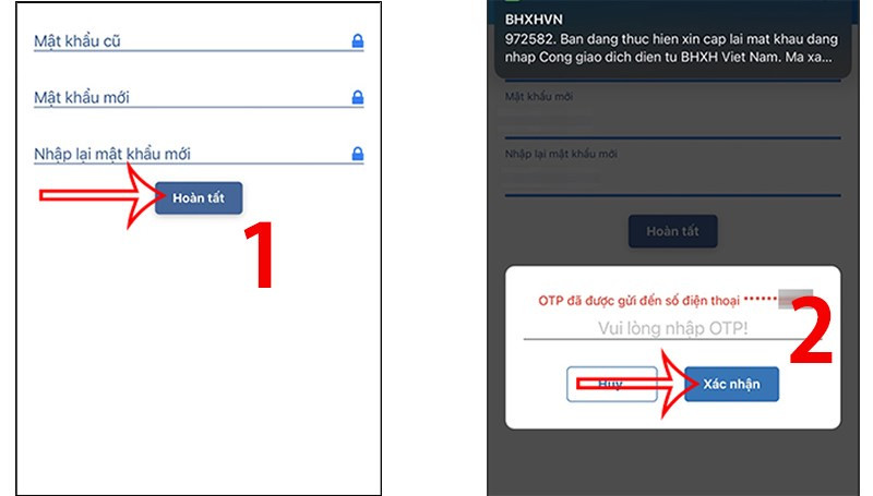 Nhập mật khẩu cũ, mới. Sau đ&oacute; nhập m&atilde; OTP để x&aacute;c nhận