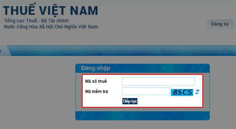 Nhập MST, mã kiểm tra và nhấn Tiếp tục