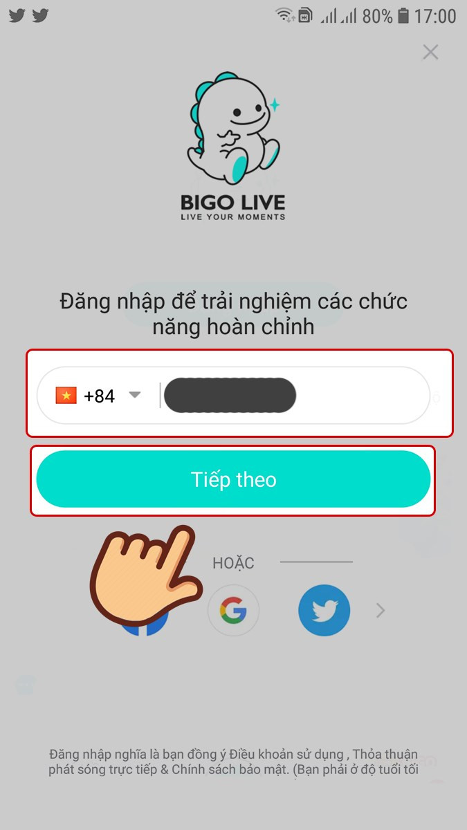 Nhập số điện thoại Bigo Live