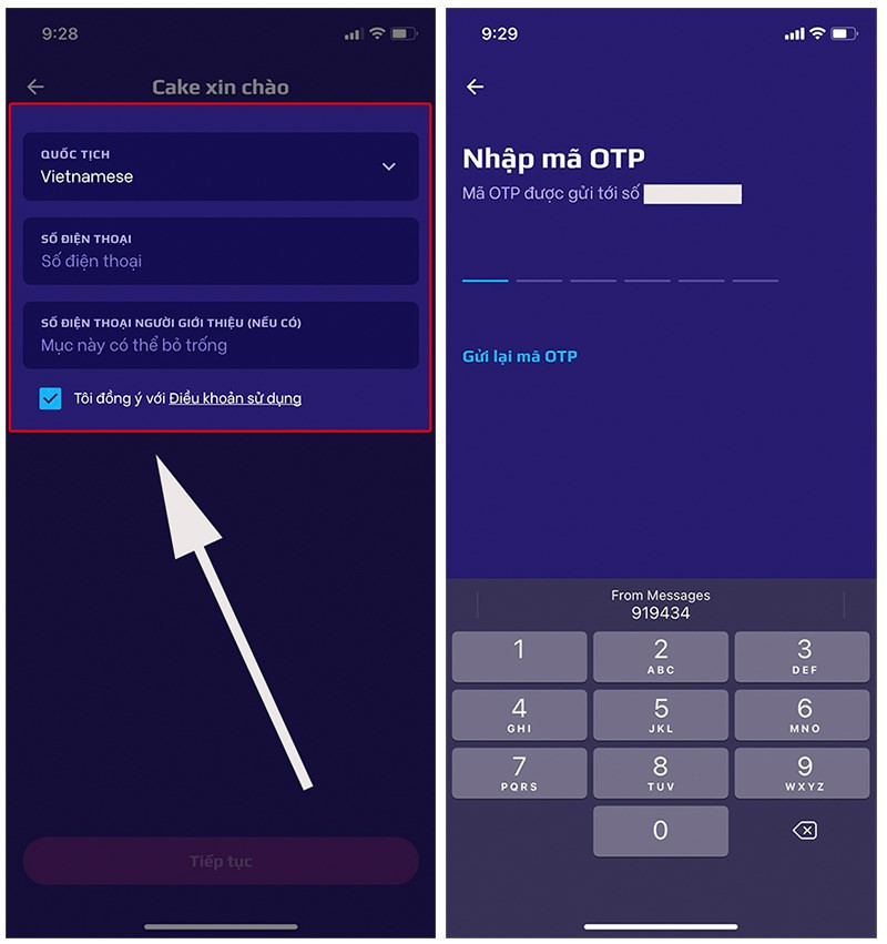 Nhập số điện thoại và mã OTP