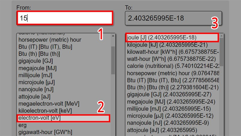 Nhập số lượng, chọn đơn vị eV sau đó chọn đơn vị muốn chuyển