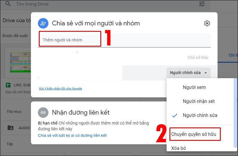 Nhập tên tài khoản Google sau đó chọn Chuyển quyền sở hữu