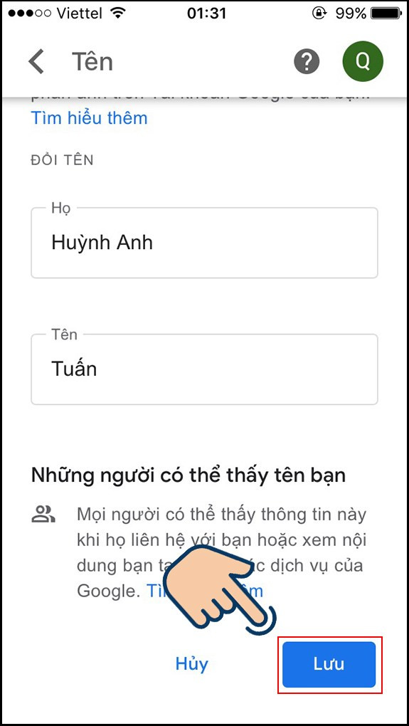 Nhập tên và lưu