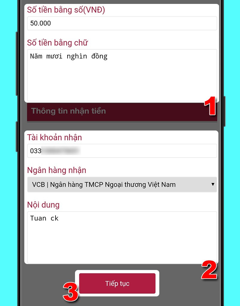 Nhập thông tin chuyển tiền.