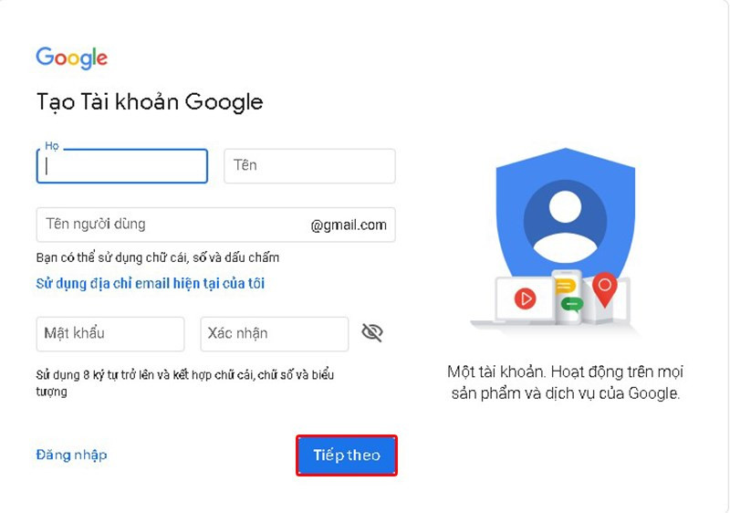 Nhập thông tin đăng ký Gmail