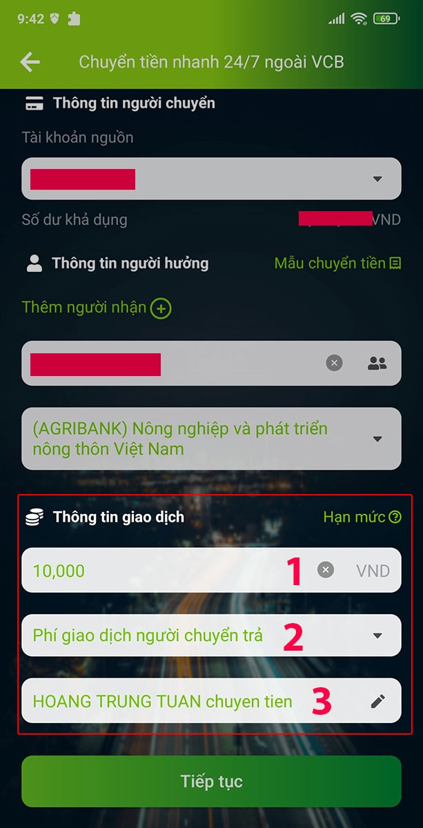 Nhập Thông tin giao dịch.