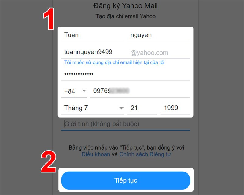 Nhập thông tin tài khoản Yahoo