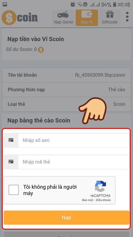 Nhập thông tin thẻ cào