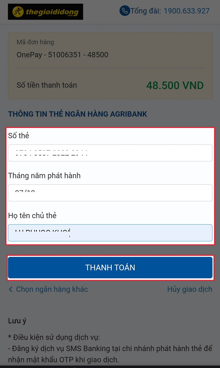 Nhập thông tin thẻ Ngân hàng