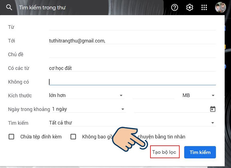 Nhập tiêu chí tìm kiếm Gmail