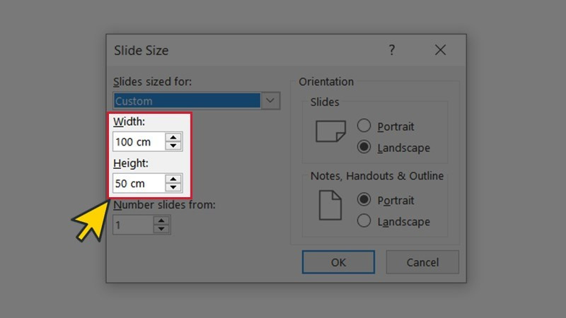 Nhập trực tiếp kích thước slide 