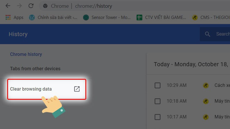 Nhấp vào Xóa dữ liệu duyệt web (Clear browsing data)