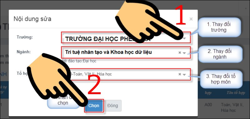 Nhấp v&agrave;o dấu tam gi&aacute;c ngược, chọn trường, ng&agrave;nh, tổ hợp m&ocirc;n v&agrave; bấm n&uacute;t Chọn