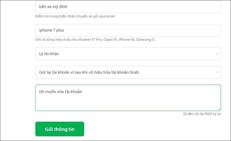 Nhập yêu cầu hỗ trợ sau đó nhấn Gửi thông tin