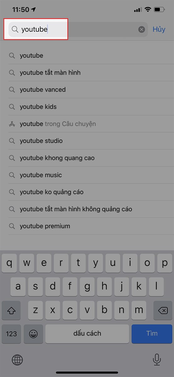 Nhập YouTube vào khung tìm kiếm ứng dụng