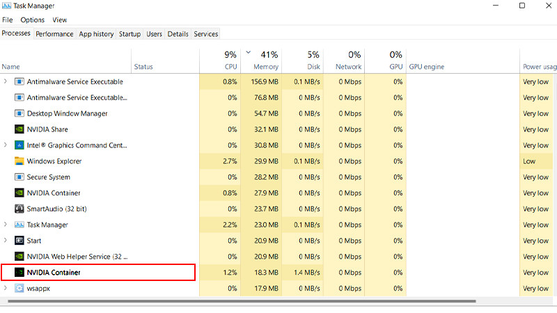 NVIDIA Container hiện trên Task manager.