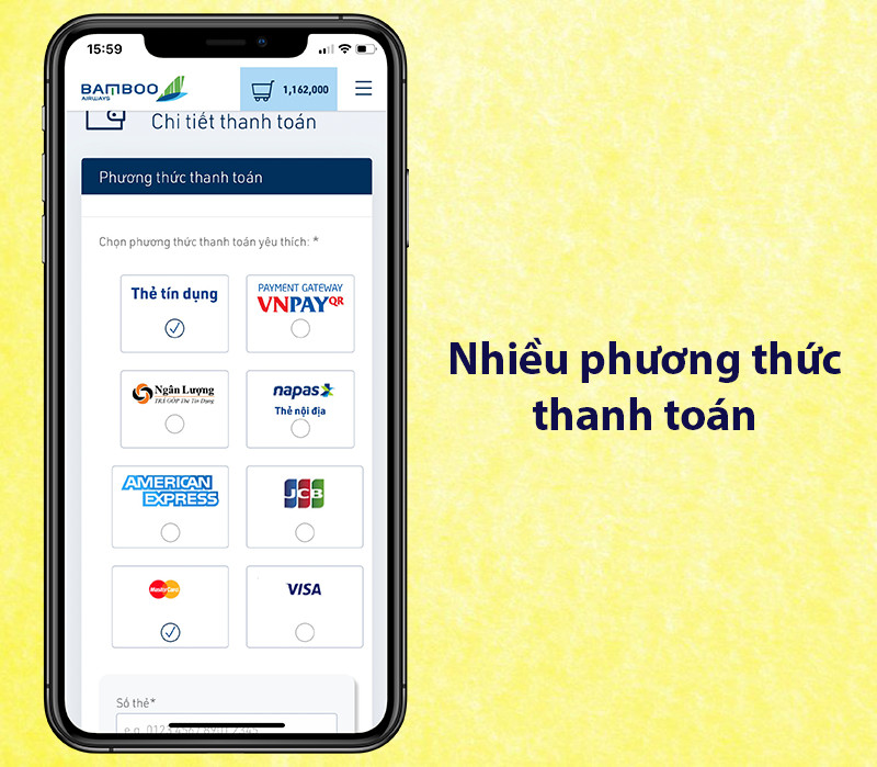 Phương thức thanh toán đa dạng: tiền mặt, thẻ VISA, thẻ ATM