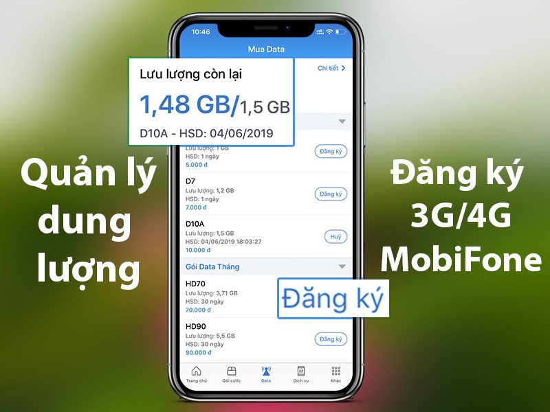 Quản l&yacute; dung lượng v&agrave; đăng k&yacute; c&aacute;c g&oacute;i cước 3G/4G