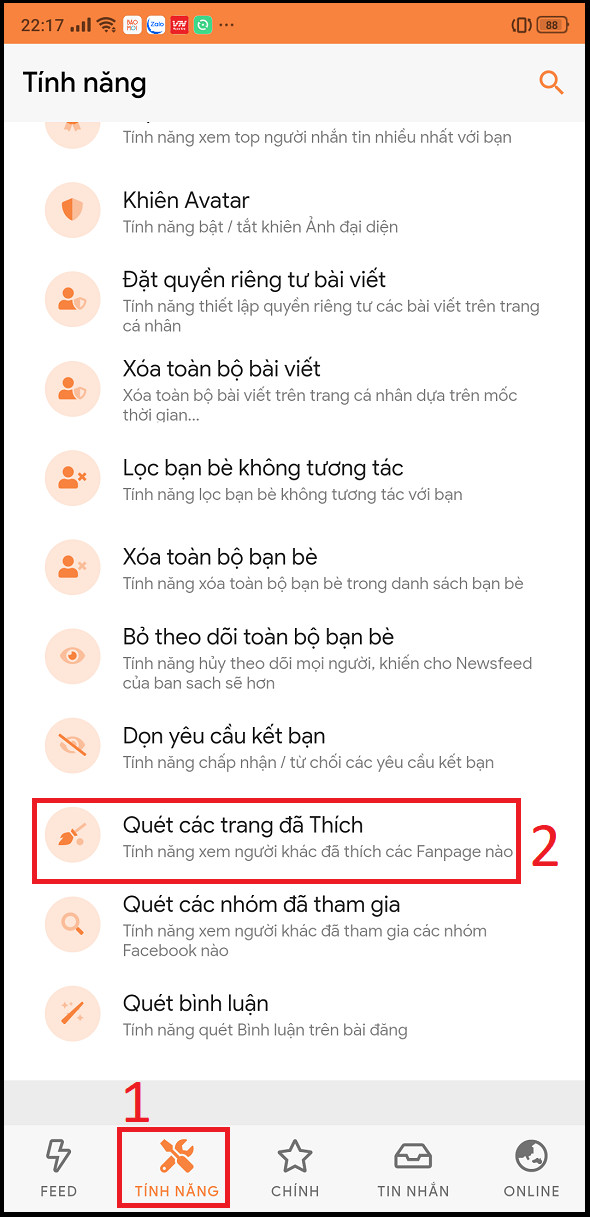 quét các trang đã thích