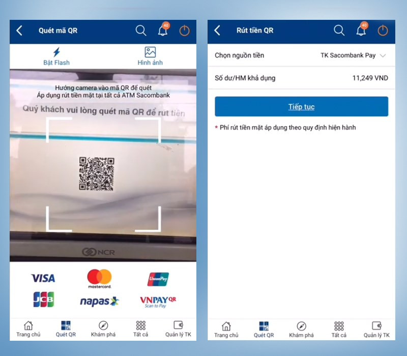 Qu&eacute;t m&atilde; QR code tr&ecirc;n ứng dụng Sacombank Pay tại c&acirc;y ATM để r&uacute;t tiền