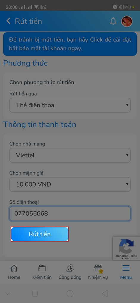 Rút tiền từ GoLike