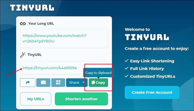 Sao chép link rút gọn TinyURL