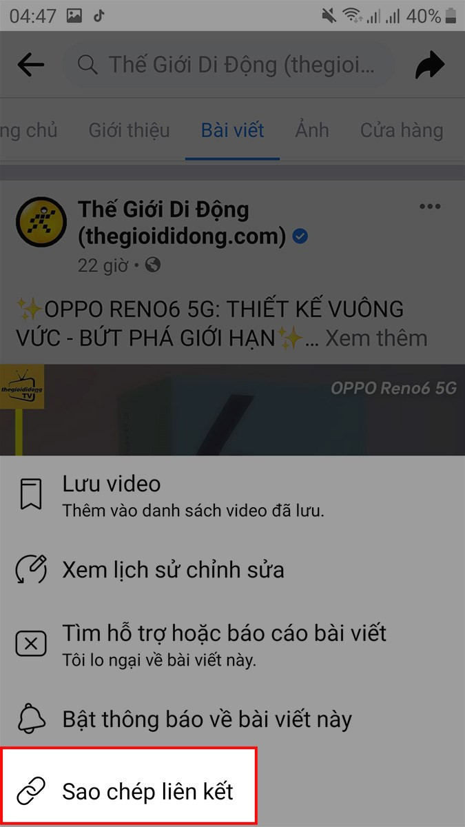 Sao chép link video Facebook trên Android