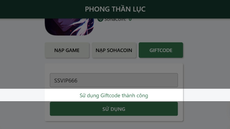 Sử dụng Giftcode thành công