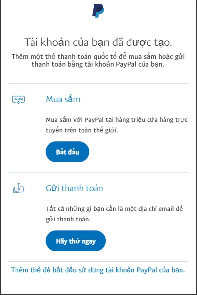 Tài khoản PayPal của bạn đã được tạo