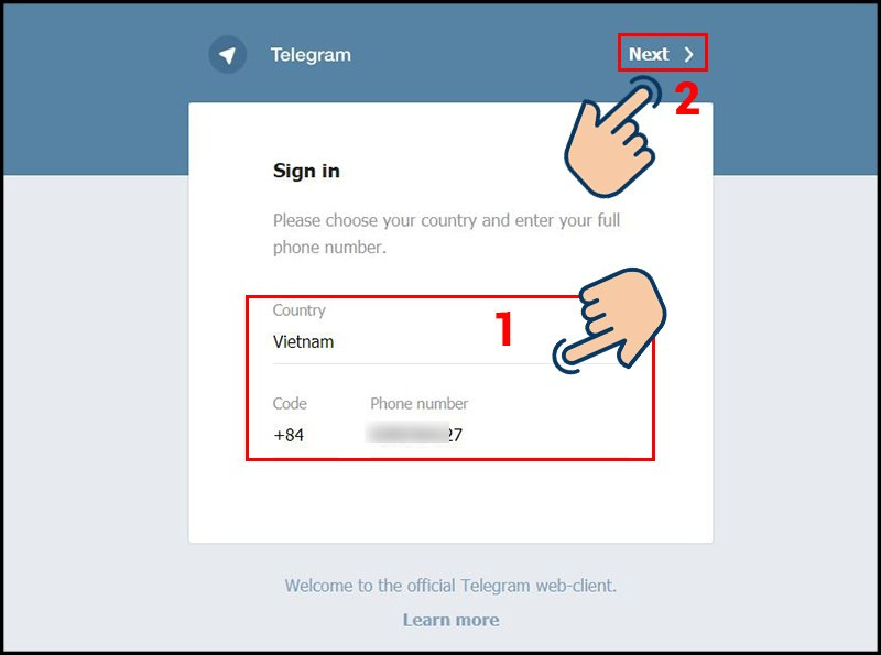 Tại mục Country bạn chọn Vietnam, mục Code đăng nhập số điện thoại bạn đã đăng ký Telegram. Sau đó nhấn Next.