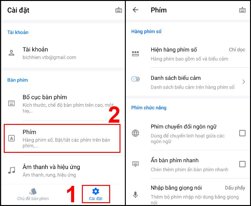 Tại mục Thiết lập phím tùy chỉnh và thiết lập hàng phím số