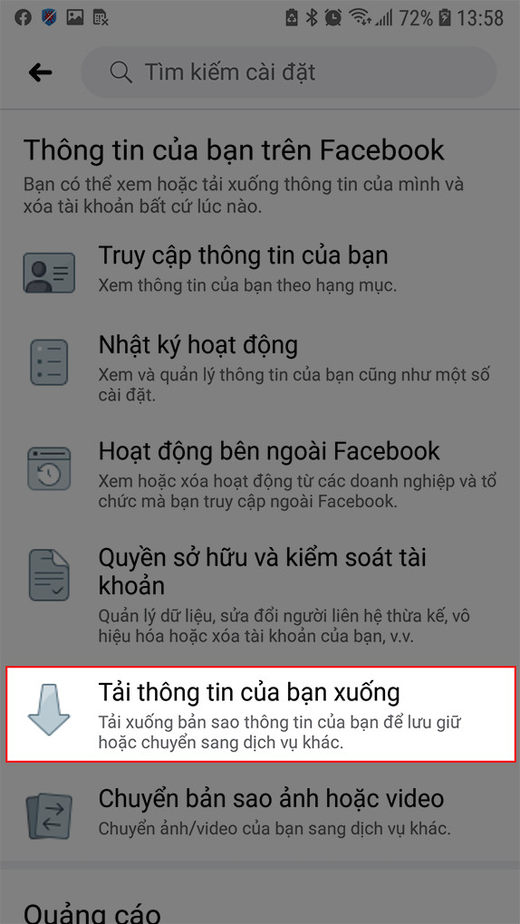 Tải thông tin Facebook trên điện thoại