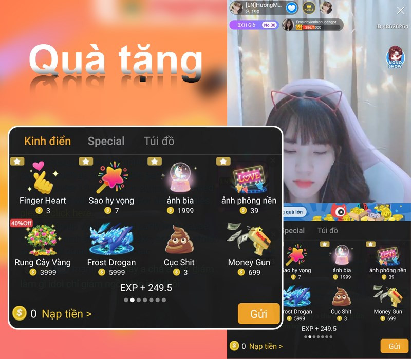 Tặng quà cho streamer trên Nonolive