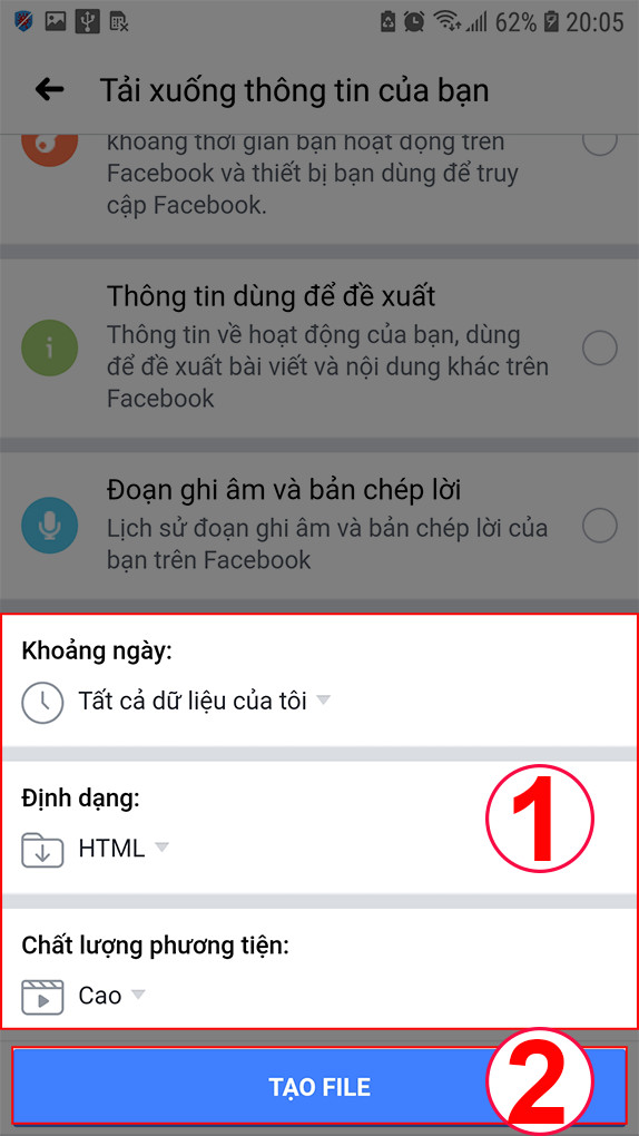 Tạo file sao lưu Facebook trên điện thoại