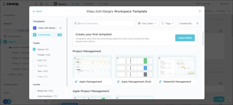 Tạo mới workspace với template có sẵn trên Clickup