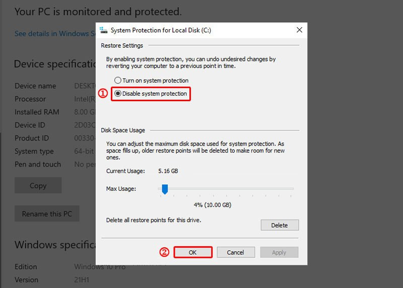 Tắt tính năng System Protection và chọn Ok