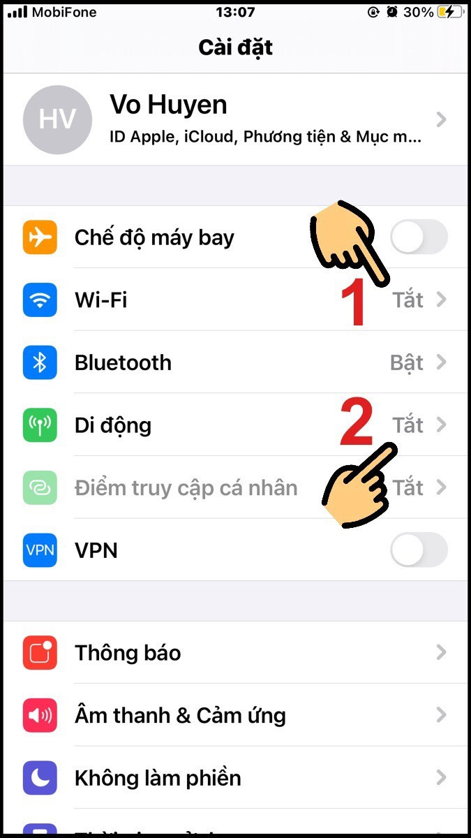 Tắt Wi-Fi và Dữ liệu di động