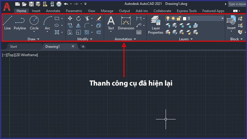 Thanh công cụ AutoCAD đã hiện lại