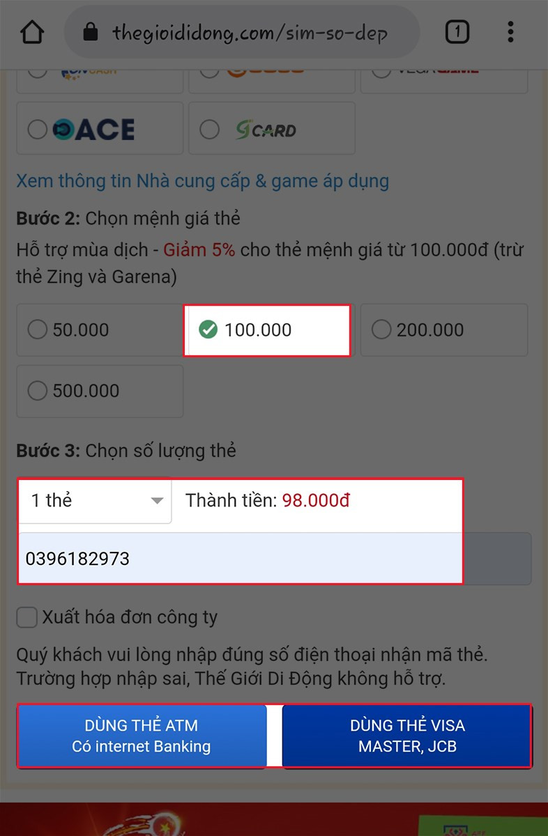 Thanh toán thẻ Garena