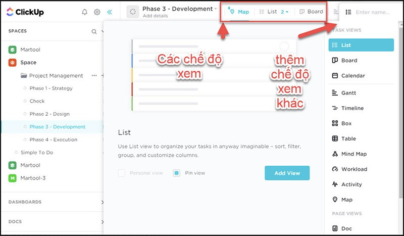 Thêm chế độ xem trên Clickup