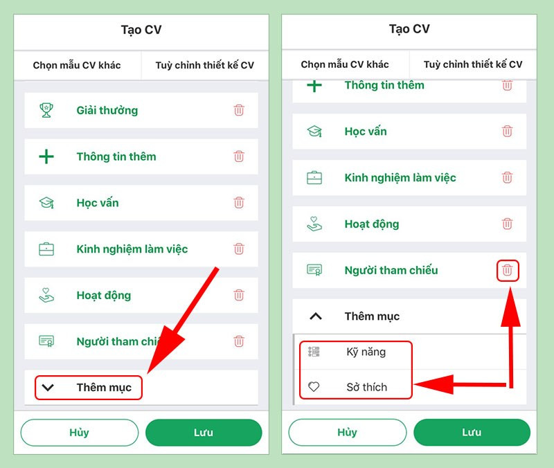 Thêm hoặc bớt mục trong CV